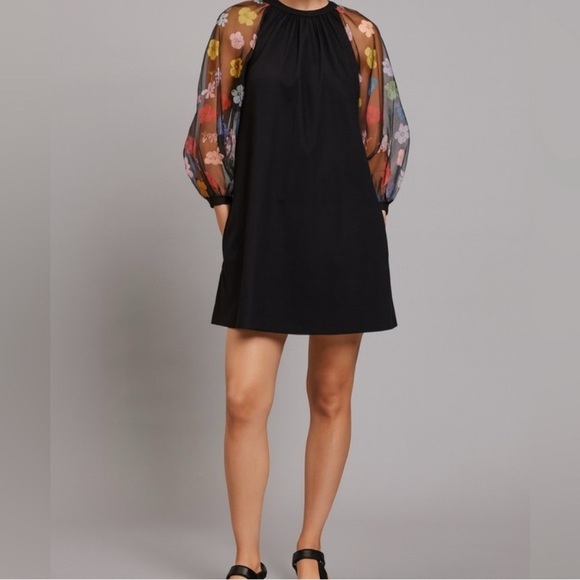 STAUD Toile Garden Black Dress with Multicolor Floral Sleeves - Picture 2 of 8